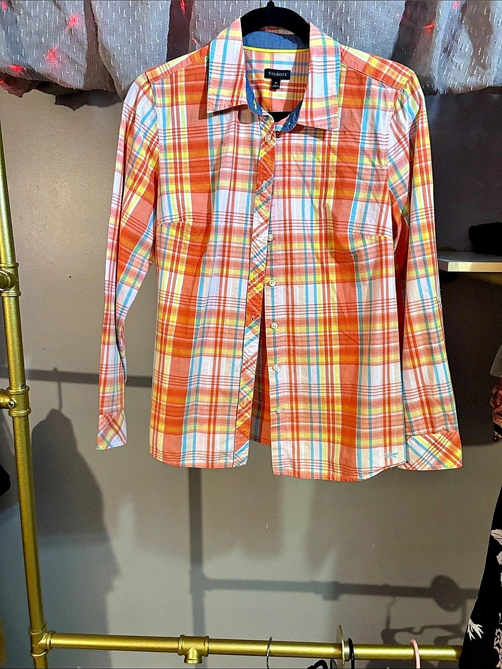 Talbots Plaid Cotton Button Down in Orange & Blue Medium Like New
